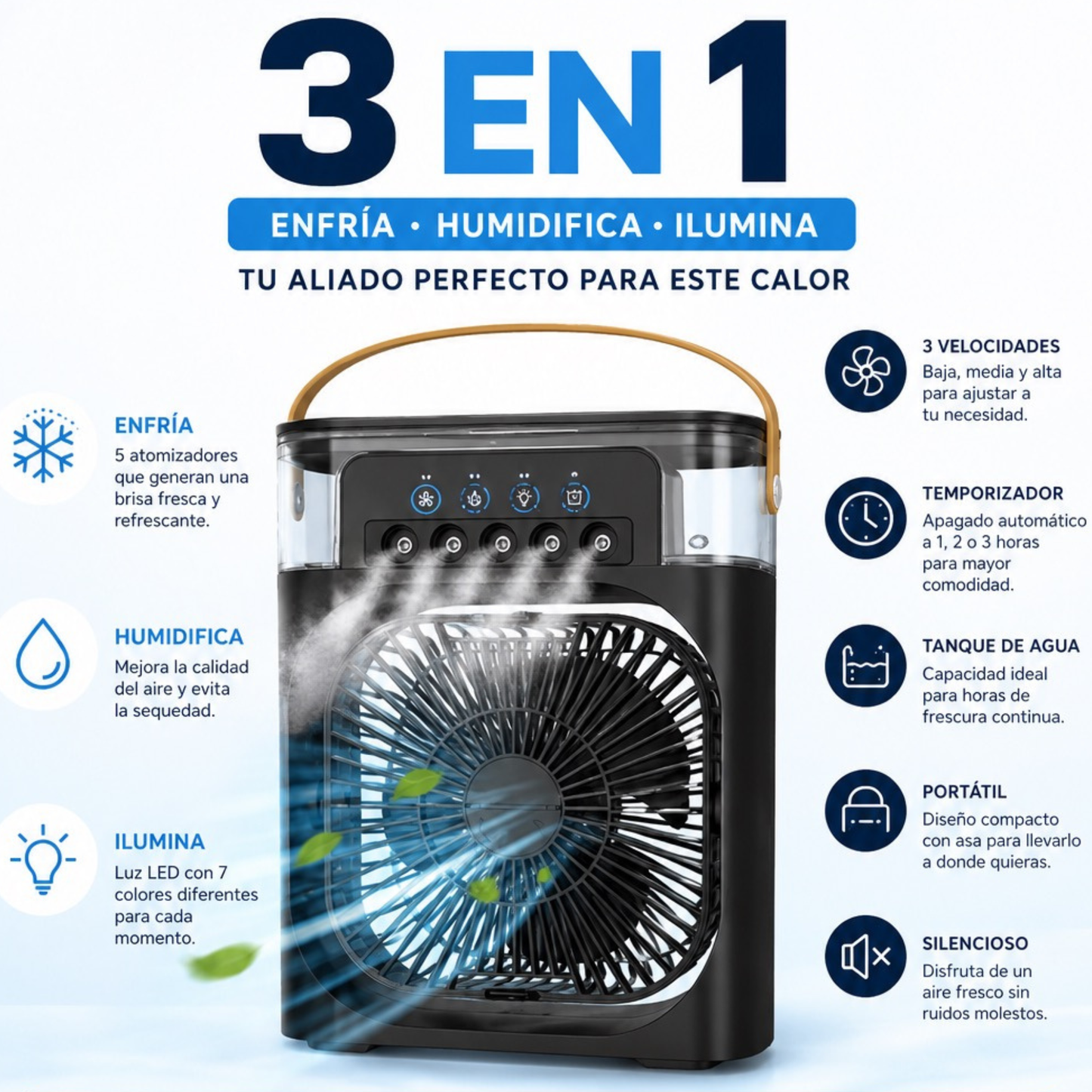 Enfrya — Mini Aire Acondicionado Portátil 3 en 1 | Ventilador, Humidificador y Luz LED