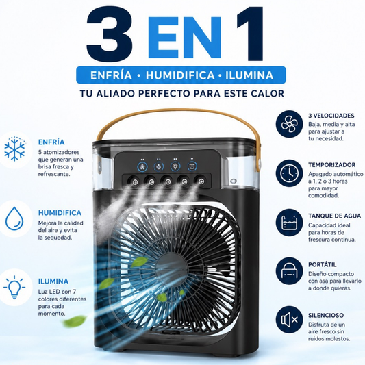 Enfrya — Mini Aire Acondicionado Portátil 3 en 1 | Ventilador, Humidificador y Luz LED
