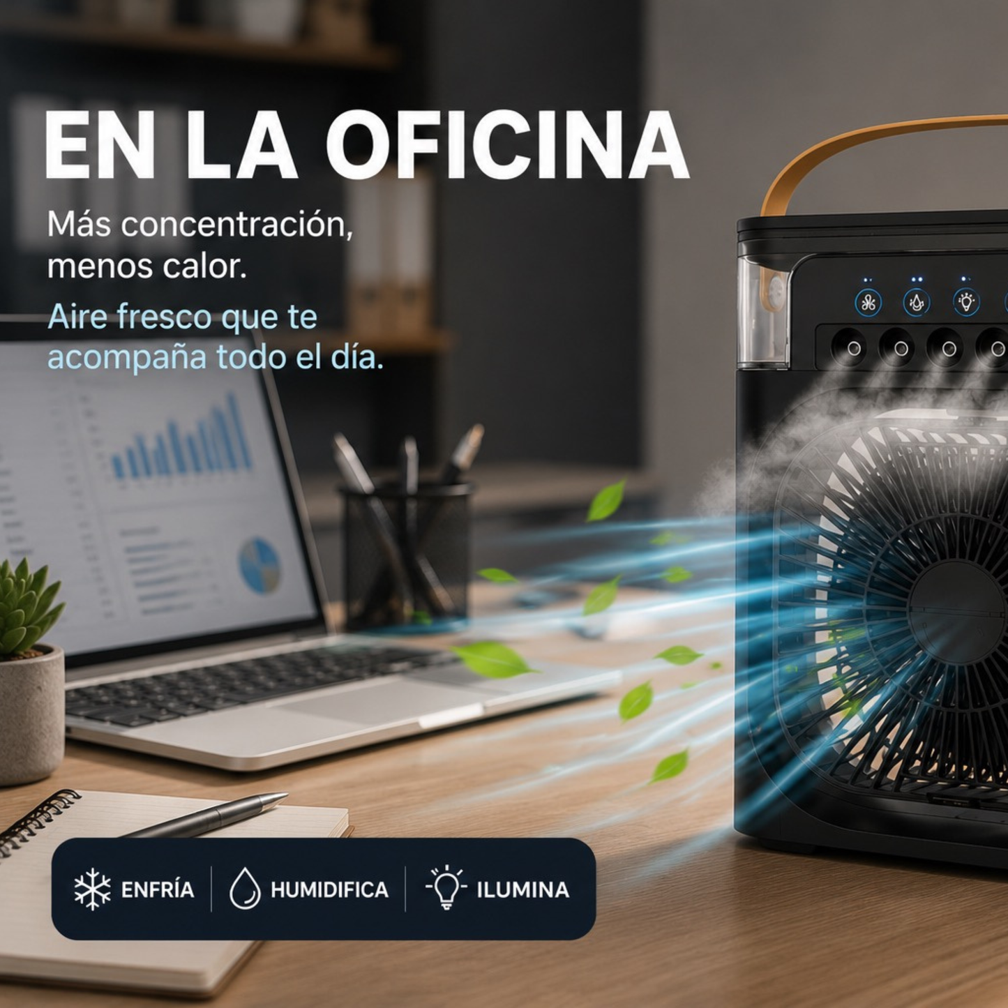 Enfrya — Mini Aire Acondicionado Portátil 3 en 1 | Ventilador, Humidificador y Luz LED